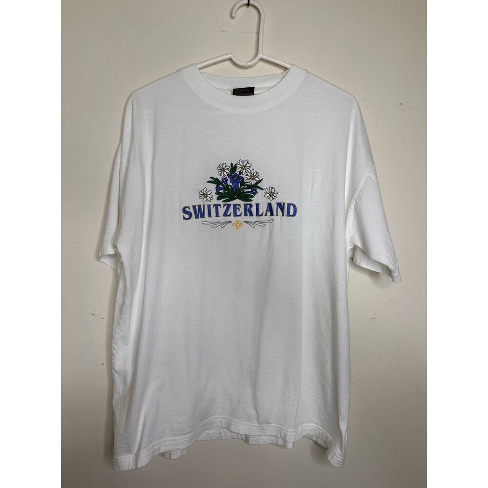 Vintage Switzerland Embroidered Sellout Tee Sz L Rowell Swiss Style Travel 80s
